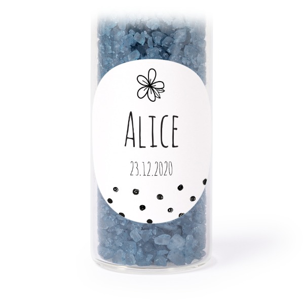 Tube avec sticker rond & sel de bain bleu (lot de 12) Tube avec sticker rond & sel de bain bleu (lot de 12)