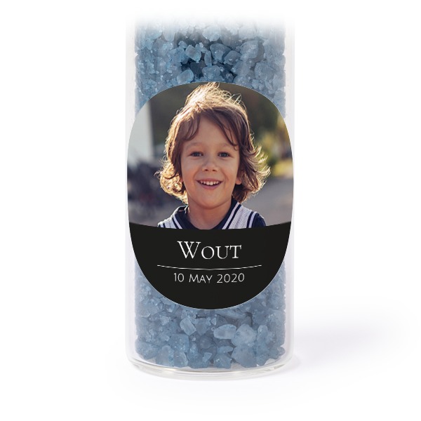Glazen buisjes met ronde stickers & blauw badzout (set van 12)