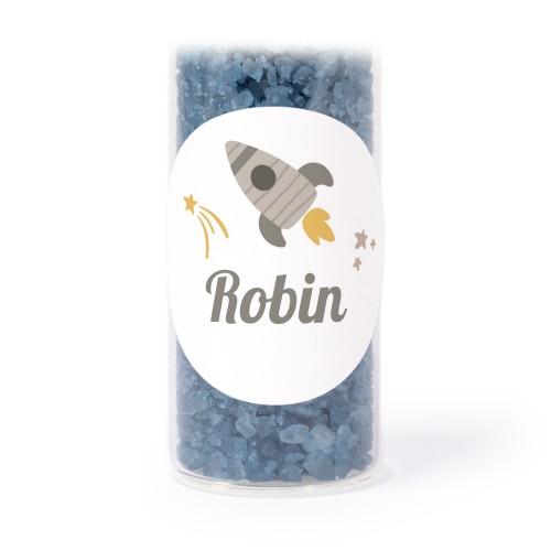 Glazen buisjes met ronde stickers & blauw badzout - set van 12