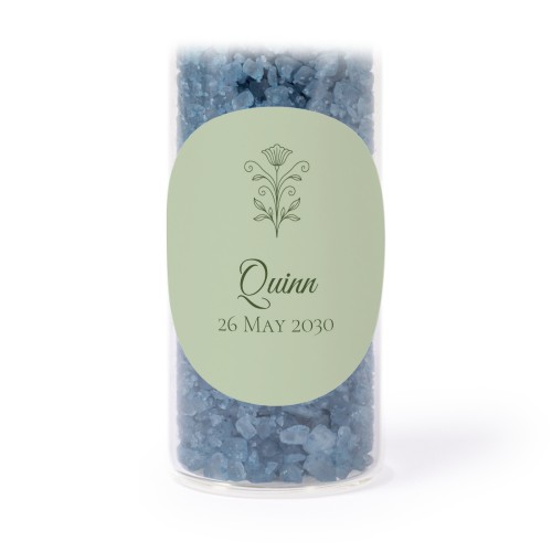 Glass tubes with round stickers & blue bath salt - set of 12 Glass tubes with round stickers & blue bath salt - set of 12