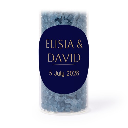 Glass tubes with round stickers & blue bath salt - set of 12