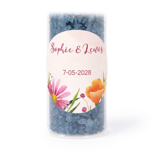 Glass tubes with round stickers & blue bath salt - set of 12