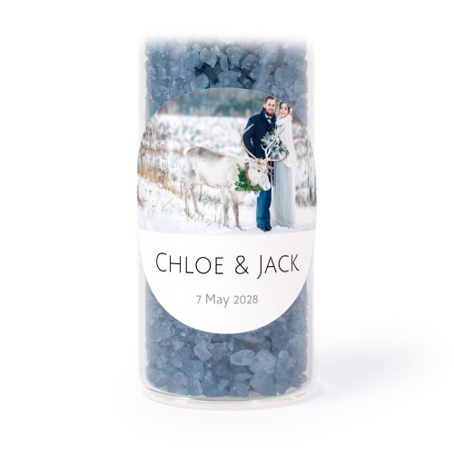 Glass tubes with round stickers & blue bath salt - set of 12