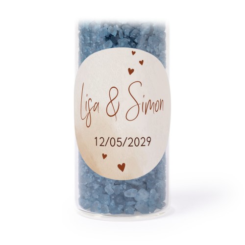 Glass tubes with round stickers & blue bath salt - set of 12