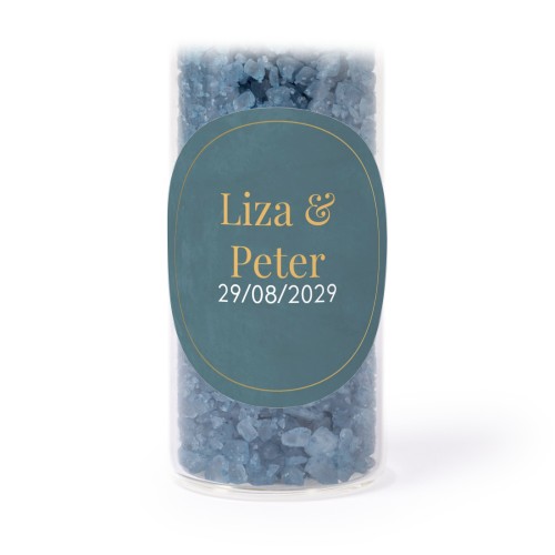 Glazen buisjes met ronde stickers & blauw badzout (set van 12) Glazen buisjes met ronde stickers & blauw badzout (set van 12)