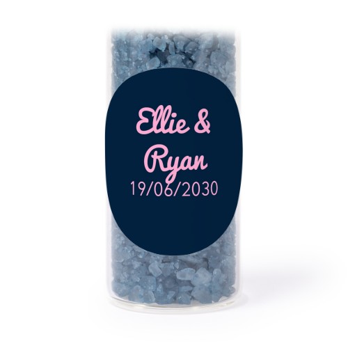 Glass tubes with round stickers & blue bath salt - set of 12