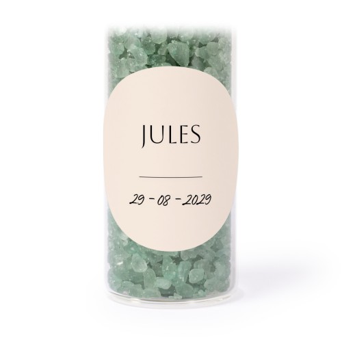 Glass tubes with round stickers & green bath salt - set of 12