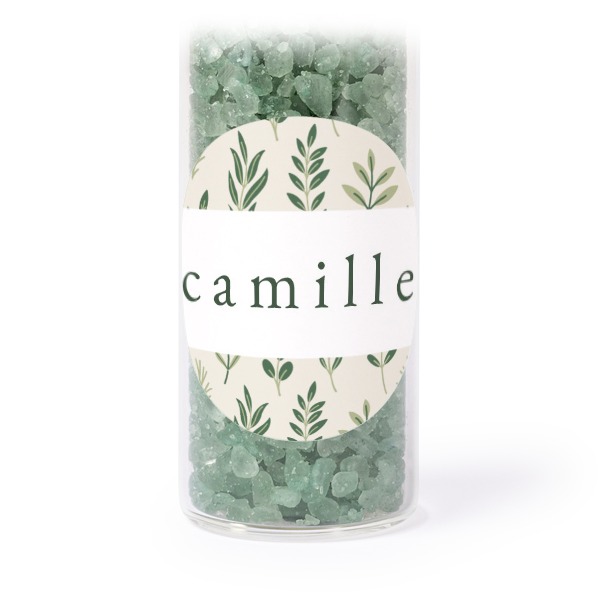Glass tubes with round stickers & green bath salt - set of 12