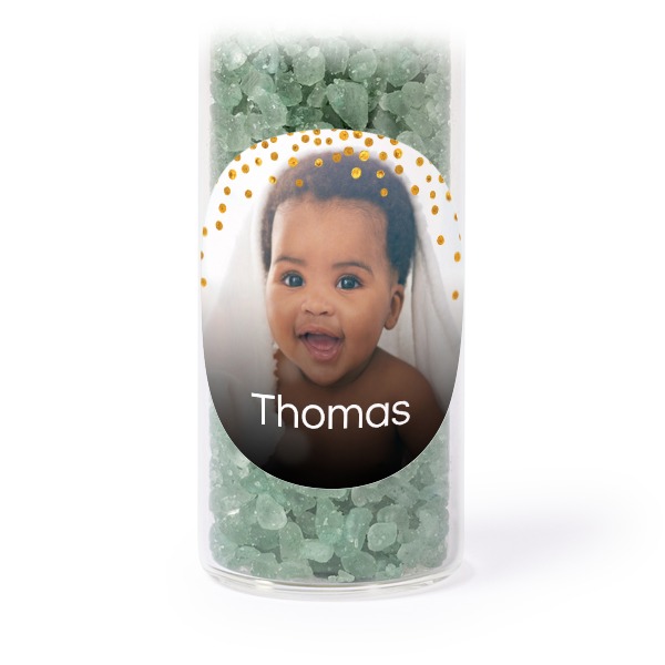 Glazen buisjes met ronde stickers & groen badzout (set van 12)