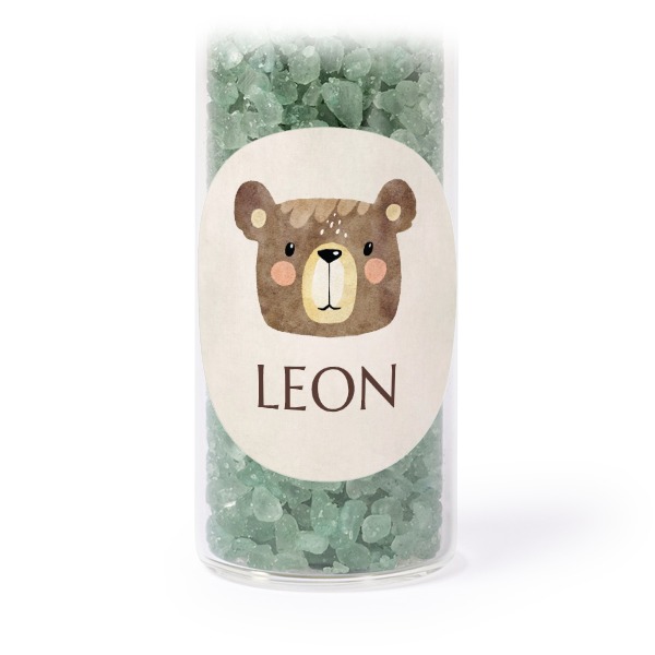 Glass tubes with round stickers & green bath salt - set of 12 Glass tubes with round stickers & green bath salt - set of 12