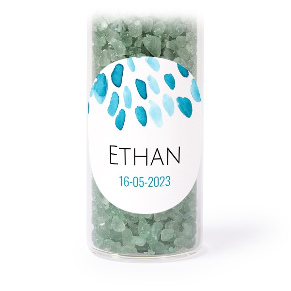 Glass tubes with round stickers & green bath salt - set of 12