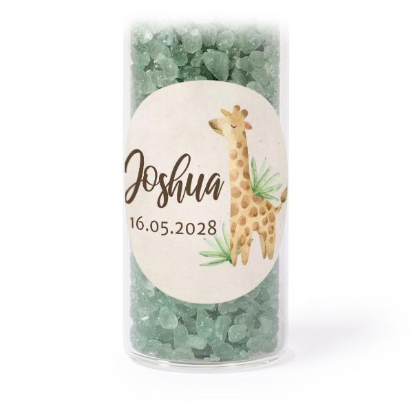 Glass tubes with round stickers & green bath salt - set of 12