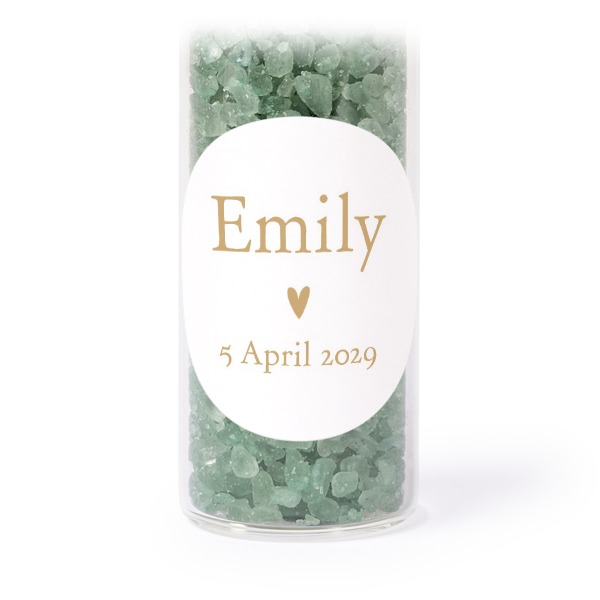 Glass tubes with round stickers & green bath salt - set of 12