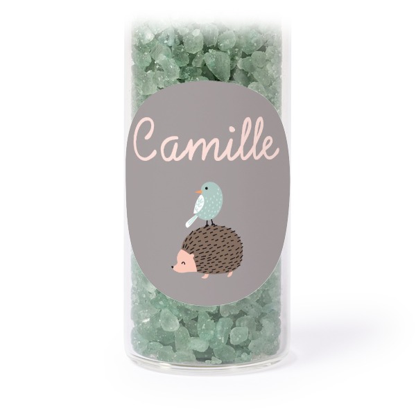 Glazen buisjes met ronde stickers & groen badzout (set van 12) Glazen buisjes met ronde stickers & groen badzout (set van 12)