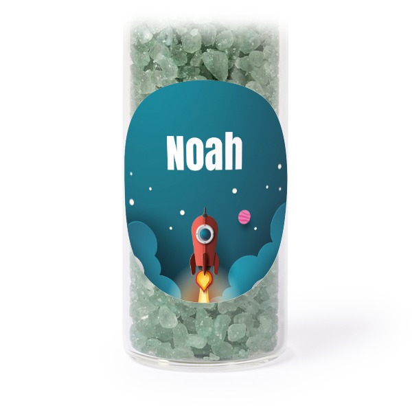 Glass tubes with round stickers & green bath salt - set of 12