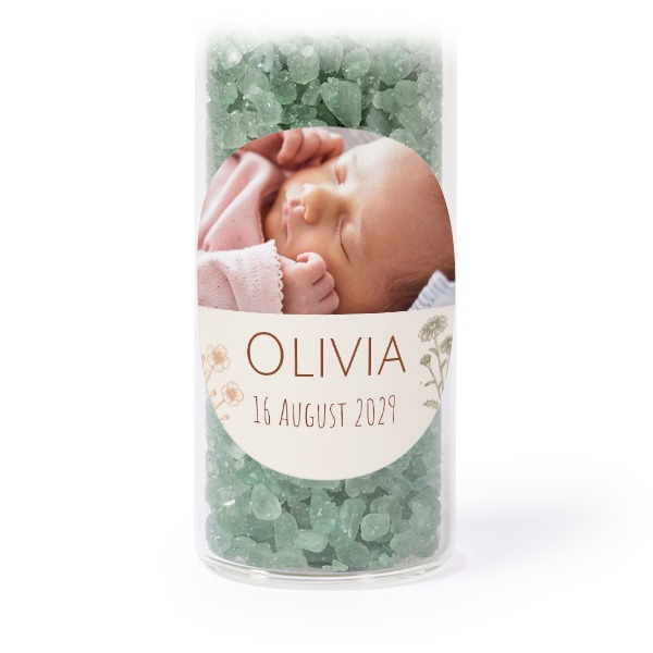 Glass tubes with round stickers & green bath salt - set of 12