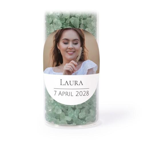 Glass tubes with round stickers & green bath salt - set of 12