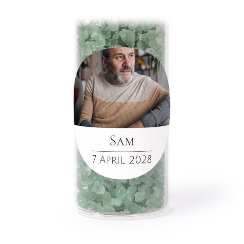 Glazen buisjes met ronde stickers & groen badzout (set van 12) Glazen buisjes met ronde stickers & groen badzout (set van 12)