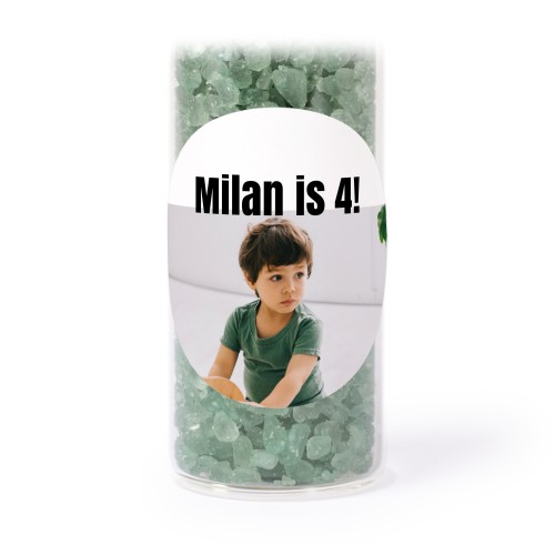 Glass tubes with round stickers & green bath salt - set of 12 Glass tubes with round stickers & green bath salt - set of 12