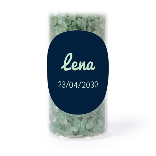 Glass tubes with round stickers & green bath salt - set of 12