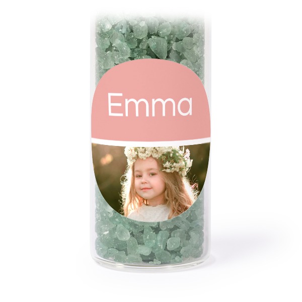 Glass tubes with round stickers & green bath salt - set of 12