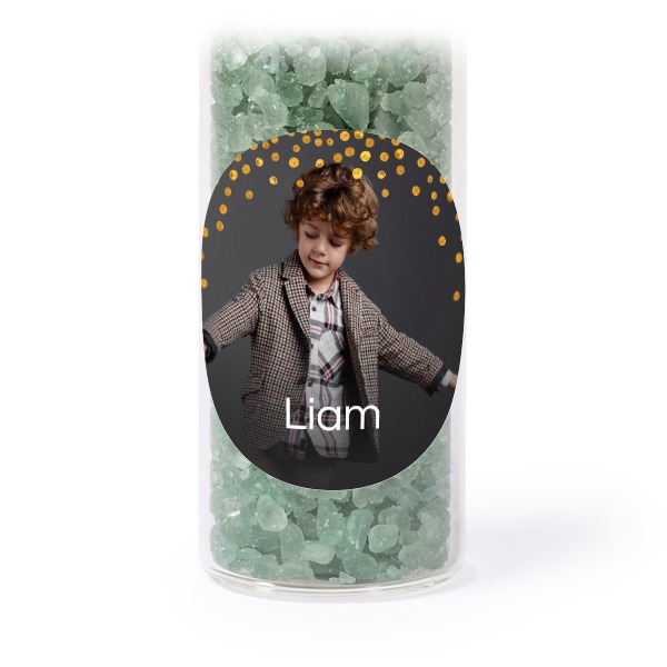 Glazen buisjes met ronde stickers & groen badzout (set van 12)