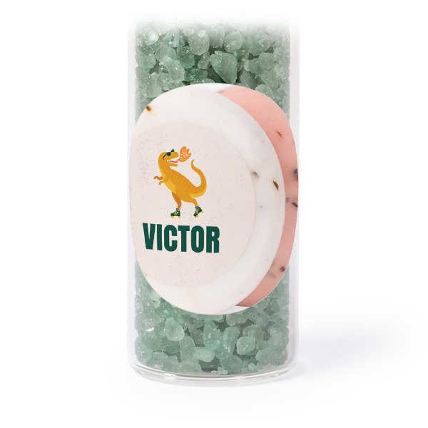 Glazen buisjes met ronde stickers & groen badzout - set van 12