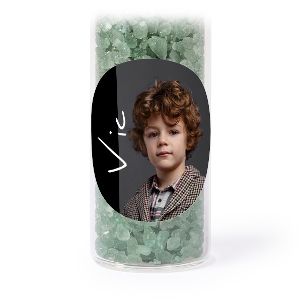 Glass tubes with round stickers & green bath salt - set of 12