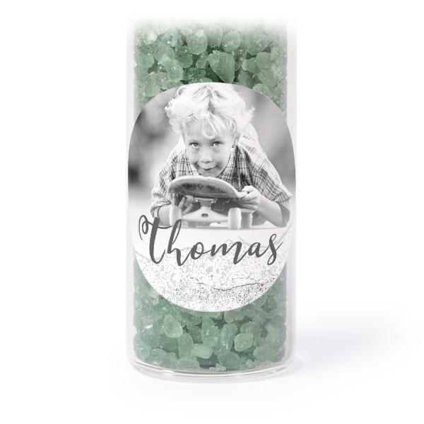 Glass tubes with round stickers & green bath salt - set of 12