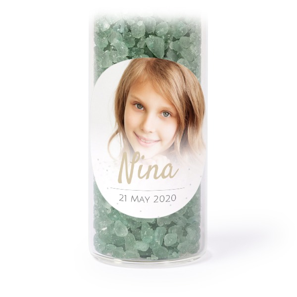 Glazen buisjes met ronde stickers & groen badzout - set van 12 Glazen buisjes met ronde stickers & groen badzout - set van 12