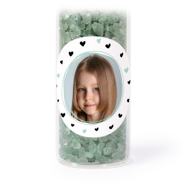 Glass tubes with round stickers & green bath salt - set of 12