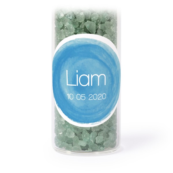 Glass tubes with round stickers & green bath salt - set of 12