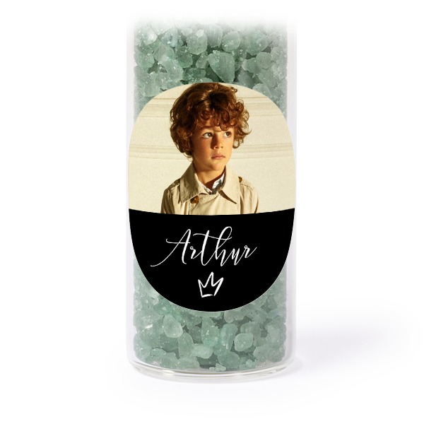 Glazen buisjes met ronde stickers & groen badzout - set van 12