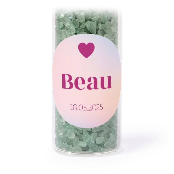 Glazen buisjes met ronde stickers & groen badzout (set van 12) Glazen buisjes met ronde stickers & groen badzout (set van 12)