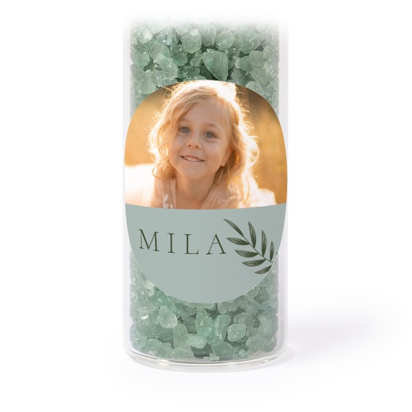 Glazen buisjes met ronde stickers & groen badzout (set van 12)