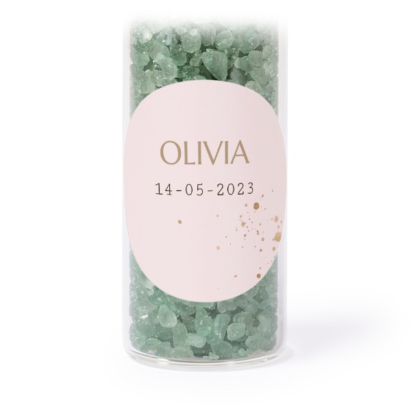 Glass tubes with round stickers & green bath salt - set of 12