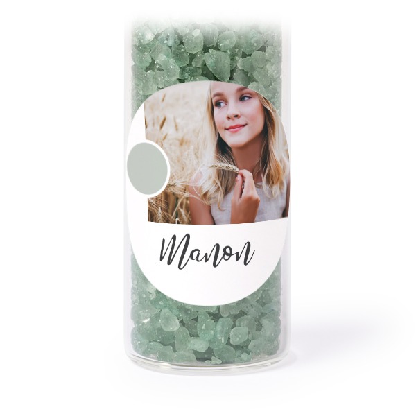 Glass tubes with round stickers & green bath salt - set of 12
