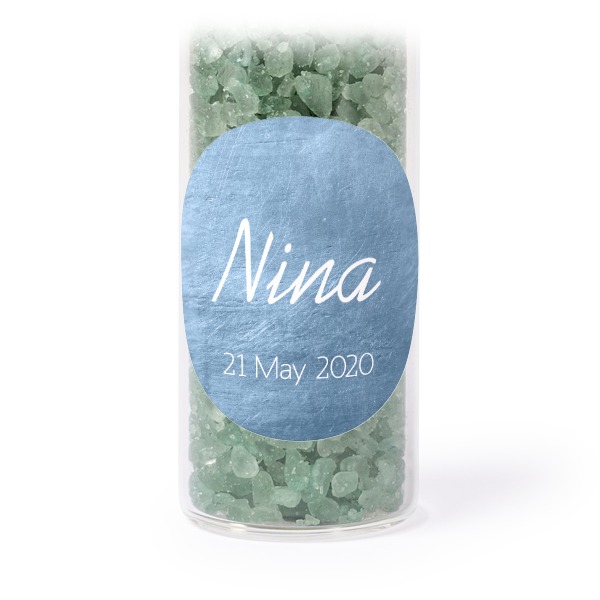 Glass tubes with round stickers & green bath salt - set of 12