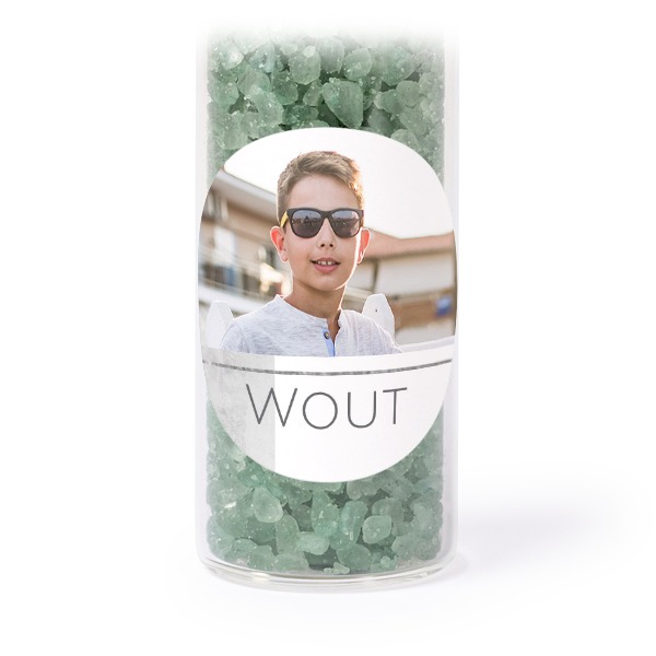 Glass tubes with round stickers & green bath salt - set of 12