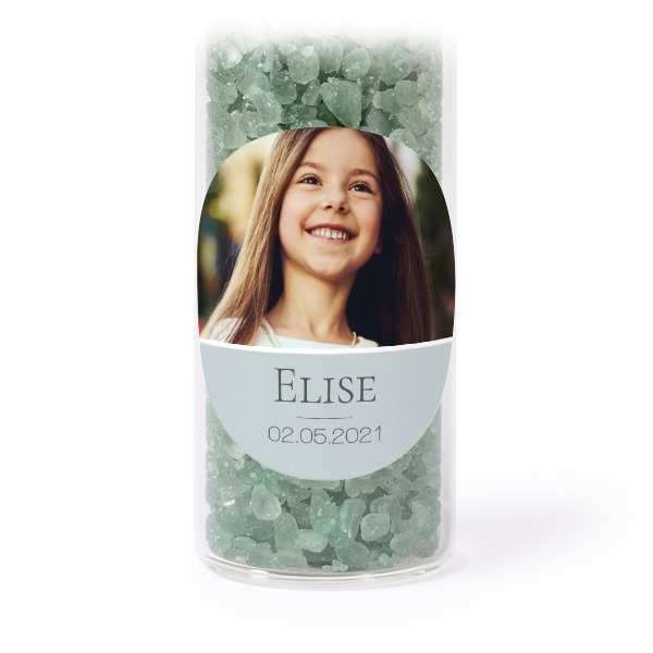 Glass tubes with round stickers & green bath salt - set of 12