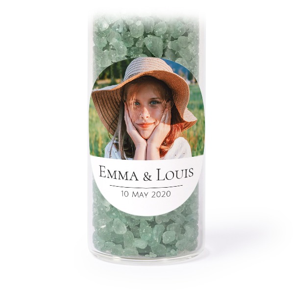 Glazen buisjes met ronde stickers & groen badzout (set van 12)