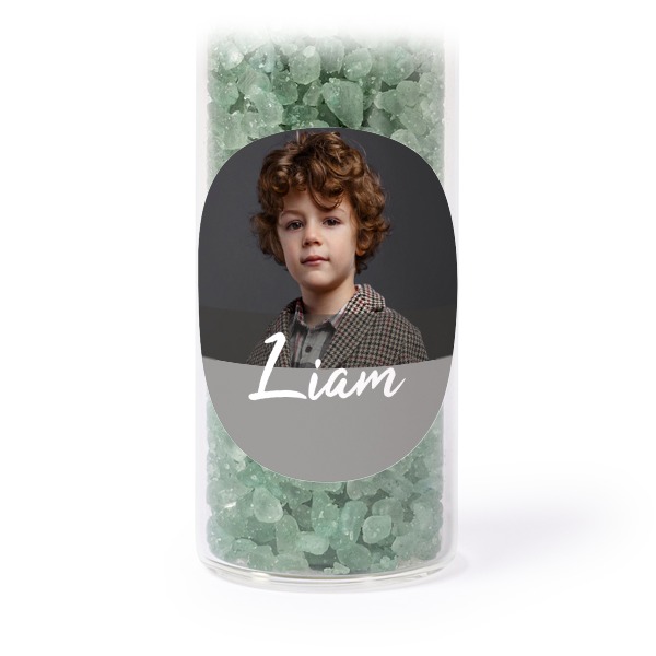 Glass tubes with round stickers & green bath salt - set of 12 Glass tubes with round stickers & green bath salt - set of 12