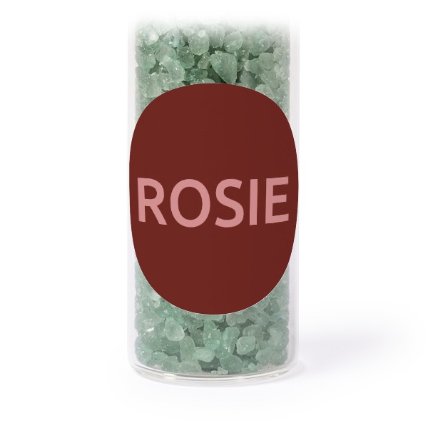 Glass tubes with round stickers & green bath salt - set of 12