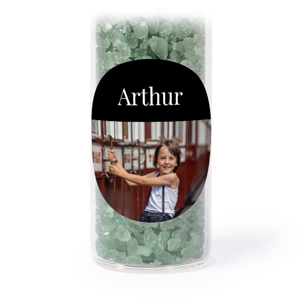 Glass tubes with round stickers & green bath salt - set of 12 Glass tubes with round stickers & green bath salt - set of 12