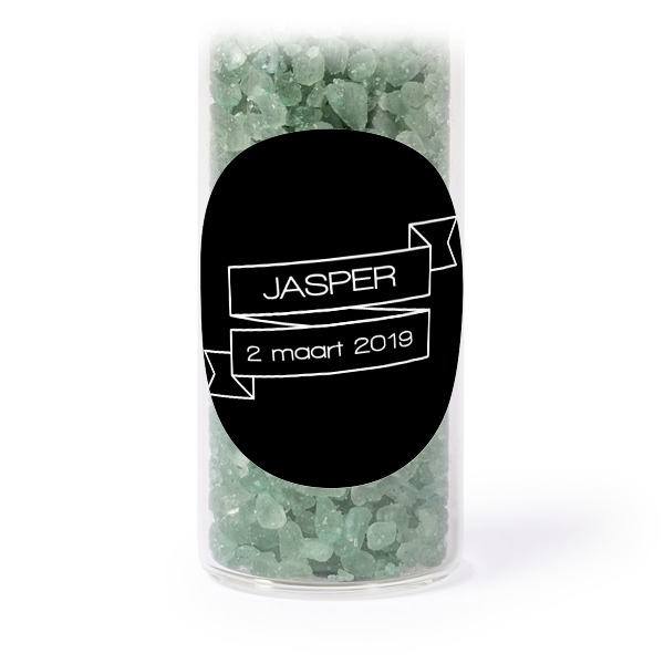 Glass tubes with round stickers & green bath salt - set of 12