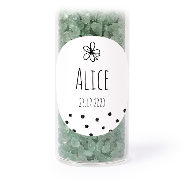 Glass tubes with round stickers & green bath salt - set of 12