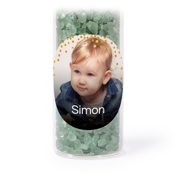 Glass tubes with round stickers & green bath salt - set of 12