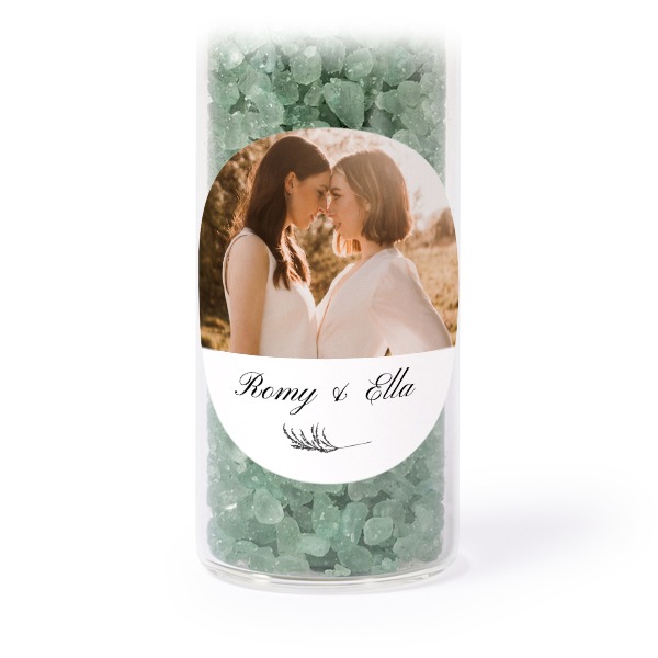 Glass tubes with round stickers & green bath salt - set of 12