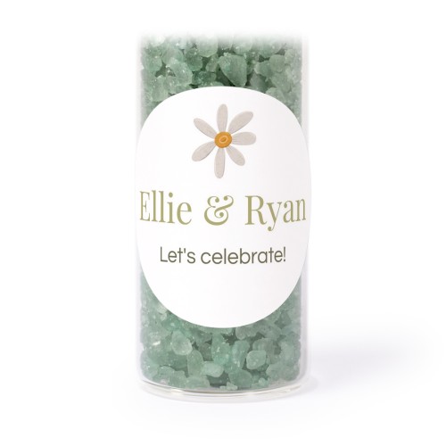 Glass tubes with round stickers & green bath salt - set of 12