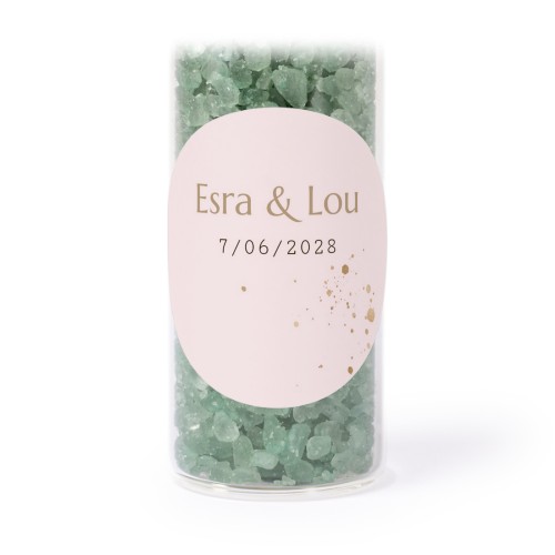 Glass tubes with round stickers & green bath salt - set of 12